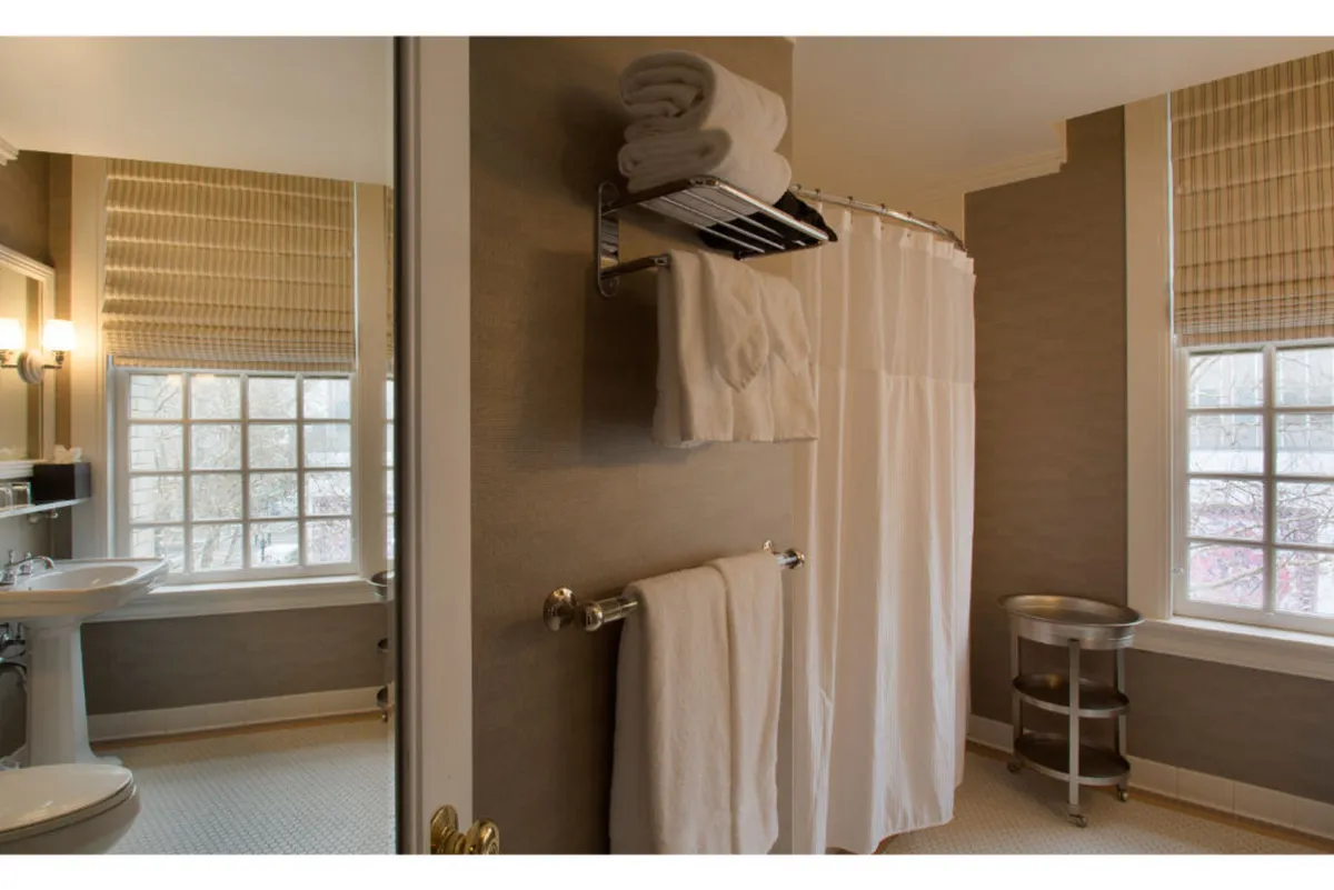 A serene bathroom filled with natural light from a large window, featuring a clean sink area, a towel rack with neatly arranged towels, and a shower curtain that hints at a shower/tub combination. The tranquil setup evokes a spa-like atmosphere, perfect for relaxation and self-care.