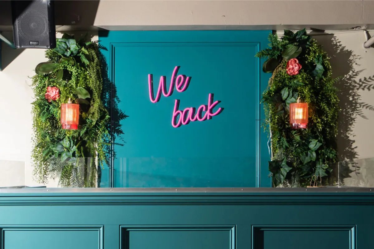 A vibrant scene featuring a playful neon sign reading 'We back', lush green foliage, and decorative lanterns. The setup suggests an inviting, casual area ideal for relaxed gatherings and social photo opportunities, with greenery hinting at outdoor connections.